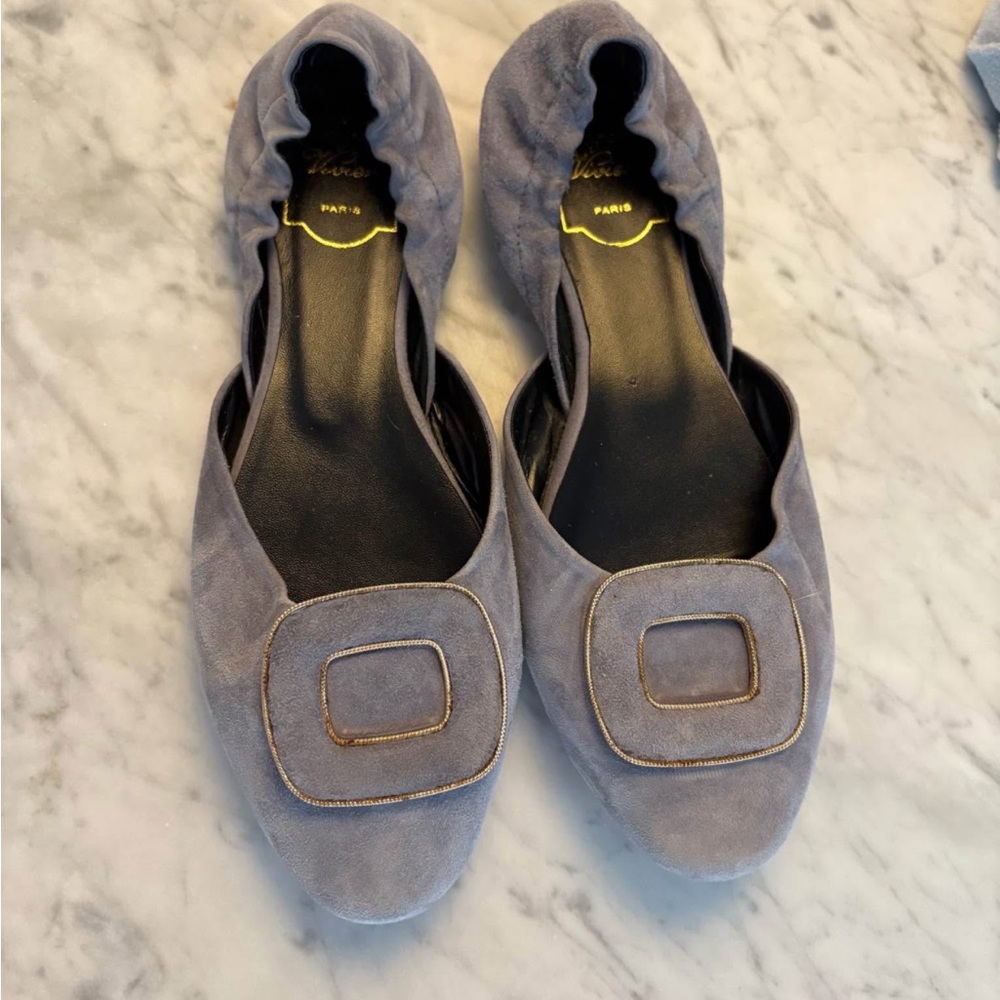 Roger Vivier Gray Suede Flats with Gold Buckle size 7.5